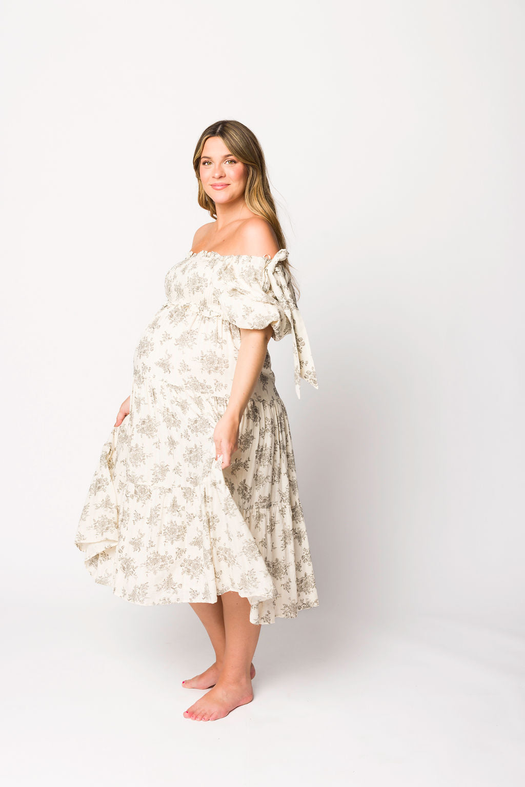 Elena Floral Toile Print Smocked Maternity Midi Dress in Ivory - Bump Friendly Summer Dress for Baby Shower, Brunch & Special Occasions