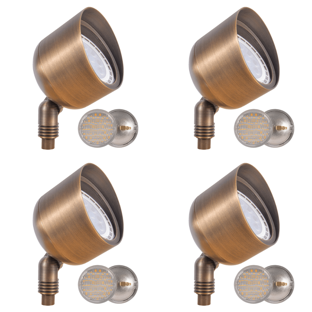 SPB07 4x/8x/12x Brass PAR36 12V Outdoor LED Flood Light - Low Voltage Landscape Lighting - 10W 160° 3000K Warm White Bulb - Perfect for Garden, Pathway, and Patio Illumination