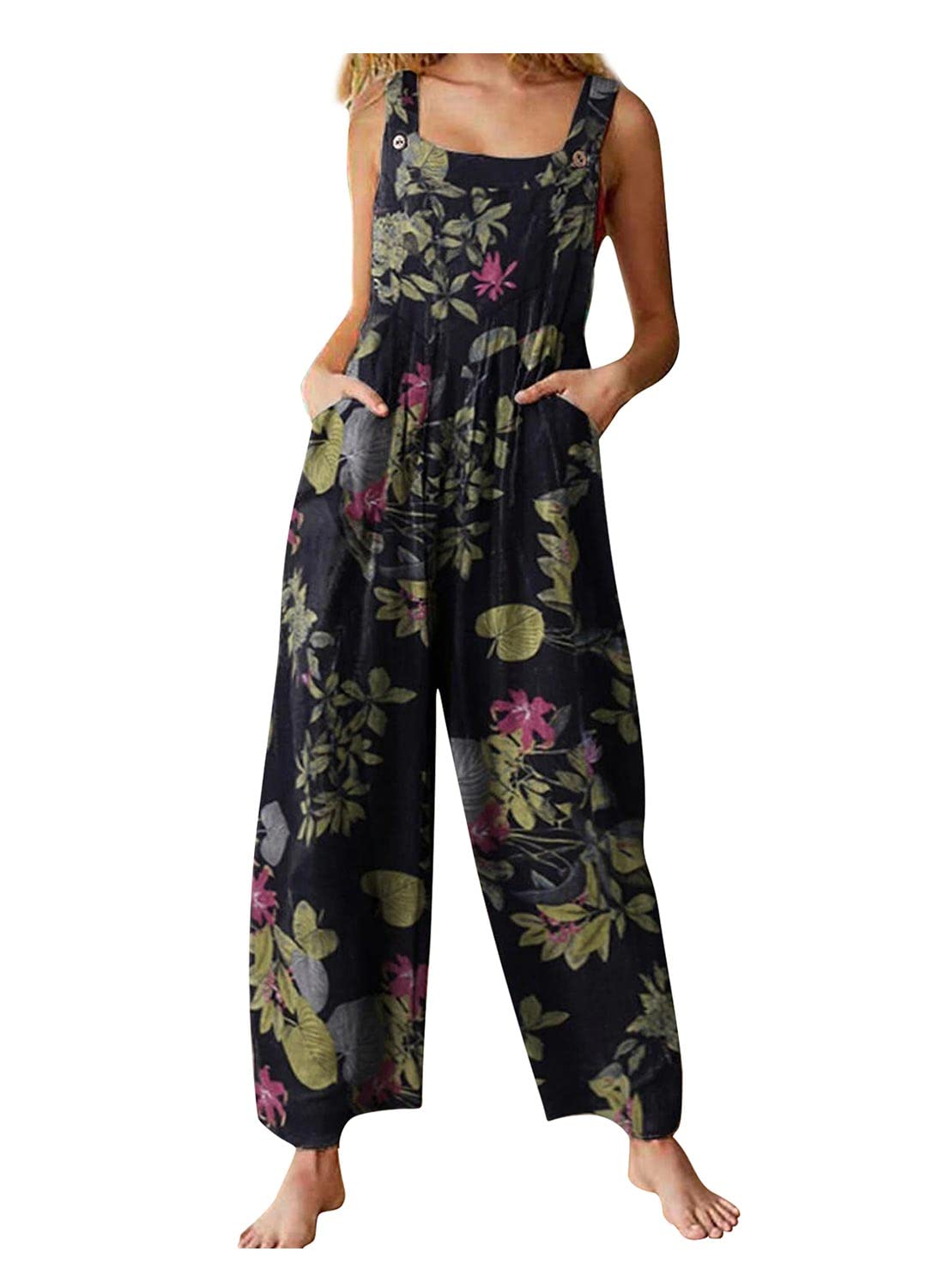 Women's Boho Sleeveless Jumpsuit - Casual Summer Romper with Pockets | Loose Fit Suspender Overalls for Beach, Music Festivals & Vacation Outfits
