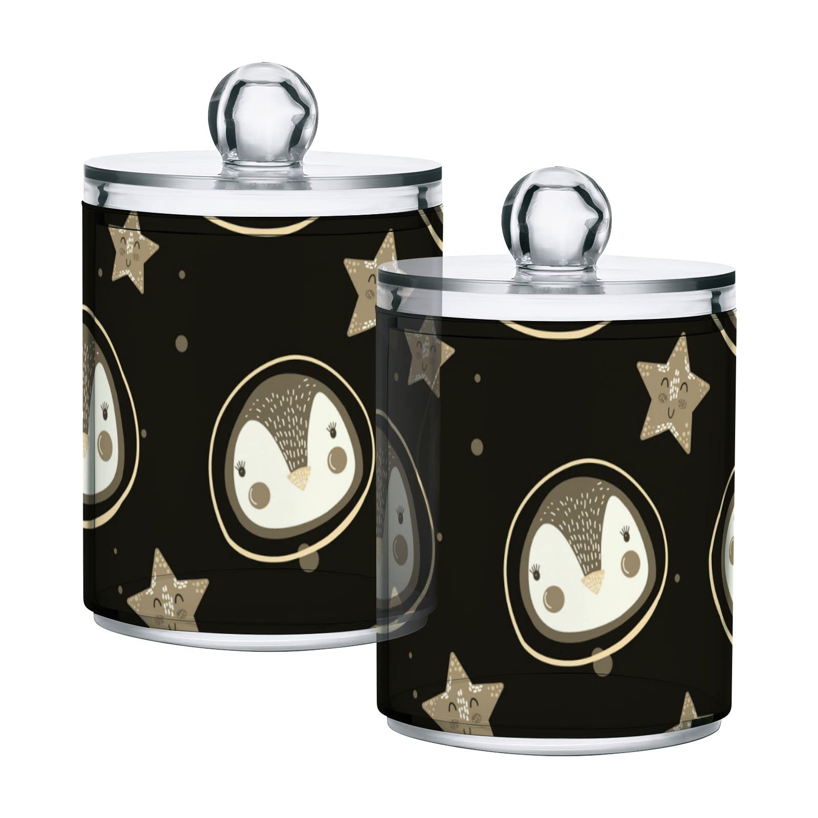Vintage Purple Penguins & Blue Stars Plastic Storage Jars with Lids (Set of 2) - 10 oz Translucent Food Containers for Cotton Swabs, Tea, Cookies, Spices | Airtight Kitchen & Bathroom Organization