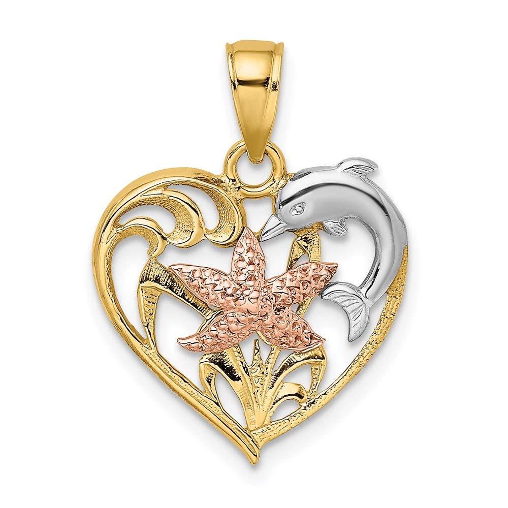 14K Gold Two-Tone Dolphin & Starfish Heart Charm Pendant Necklace - Perfect for Beach Vacations, Summer Jewelry Gifts & Ocean-Themed Fashion Accessories