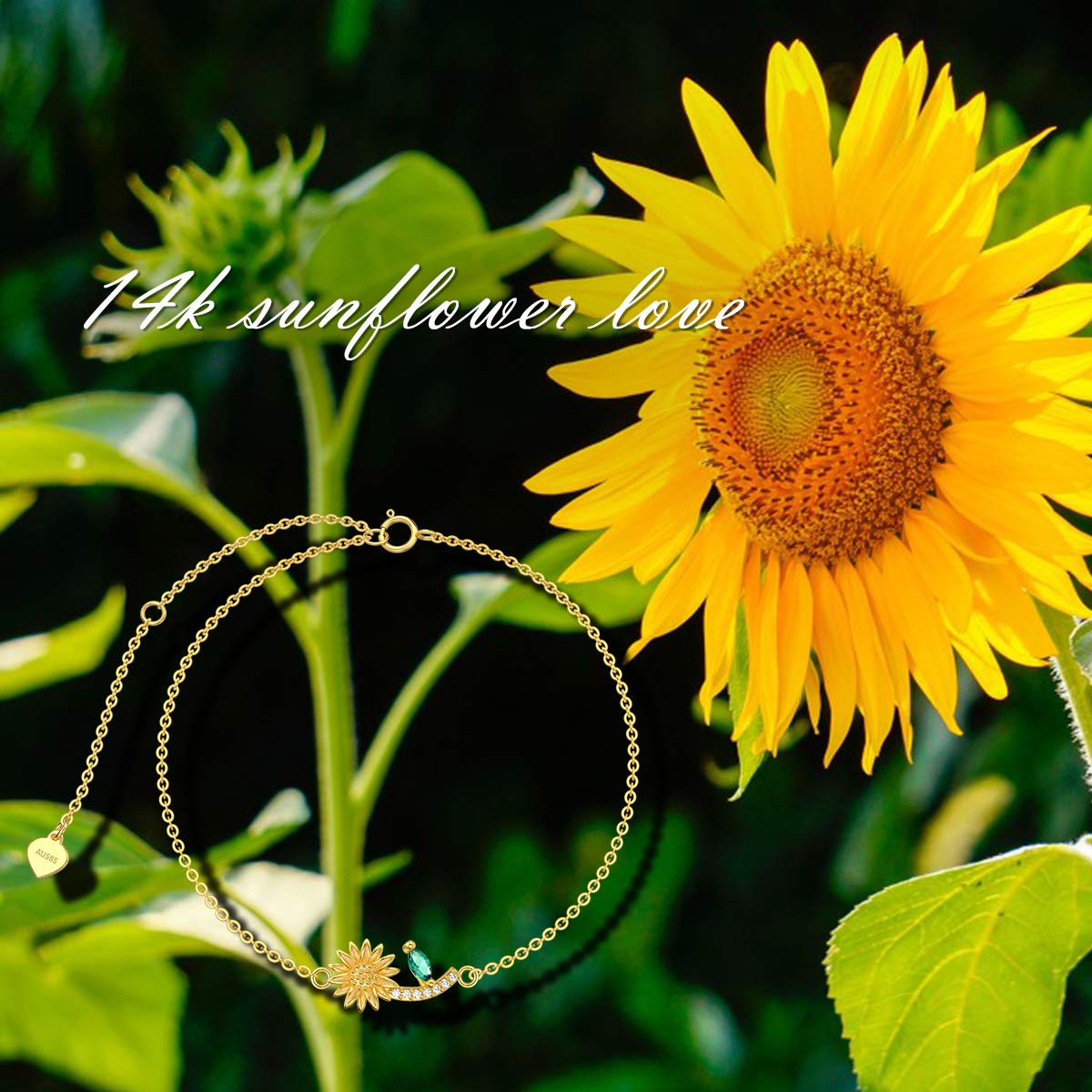 14k Solid Gold Sunflower & Heart Charm Bracelet for Women - Dainty Adjustable Bracelet for Girls, Graduation Gifts, Birthday Present, Valentine's Day Jewelry - Perfect for Everyday Wear & Special Occasions