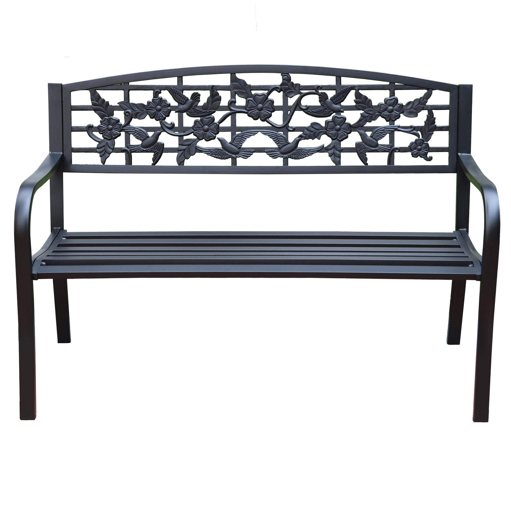 4.1 Ft Steel Frame Garden Bench - Outdoor Patio Chair for Yard, Park & Patio - 2-Person Loveseat with Bird Design Backrest & Slatted Seat - Perfect for Backyard Relaxation, Garden Decor & Outdoor Seating