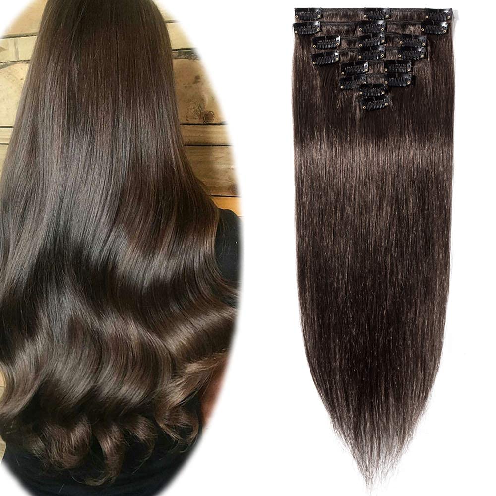 Hairro Clip in Hair Extensions 100% Human Hair - 14 Inch Thin Weft (60g) 8-Piece Set with 18 Clips - Straight Hair for Women - #2 Dark Brown - Perfect for Volume, Length & Styling for Parties, Weddings & Daily Wear