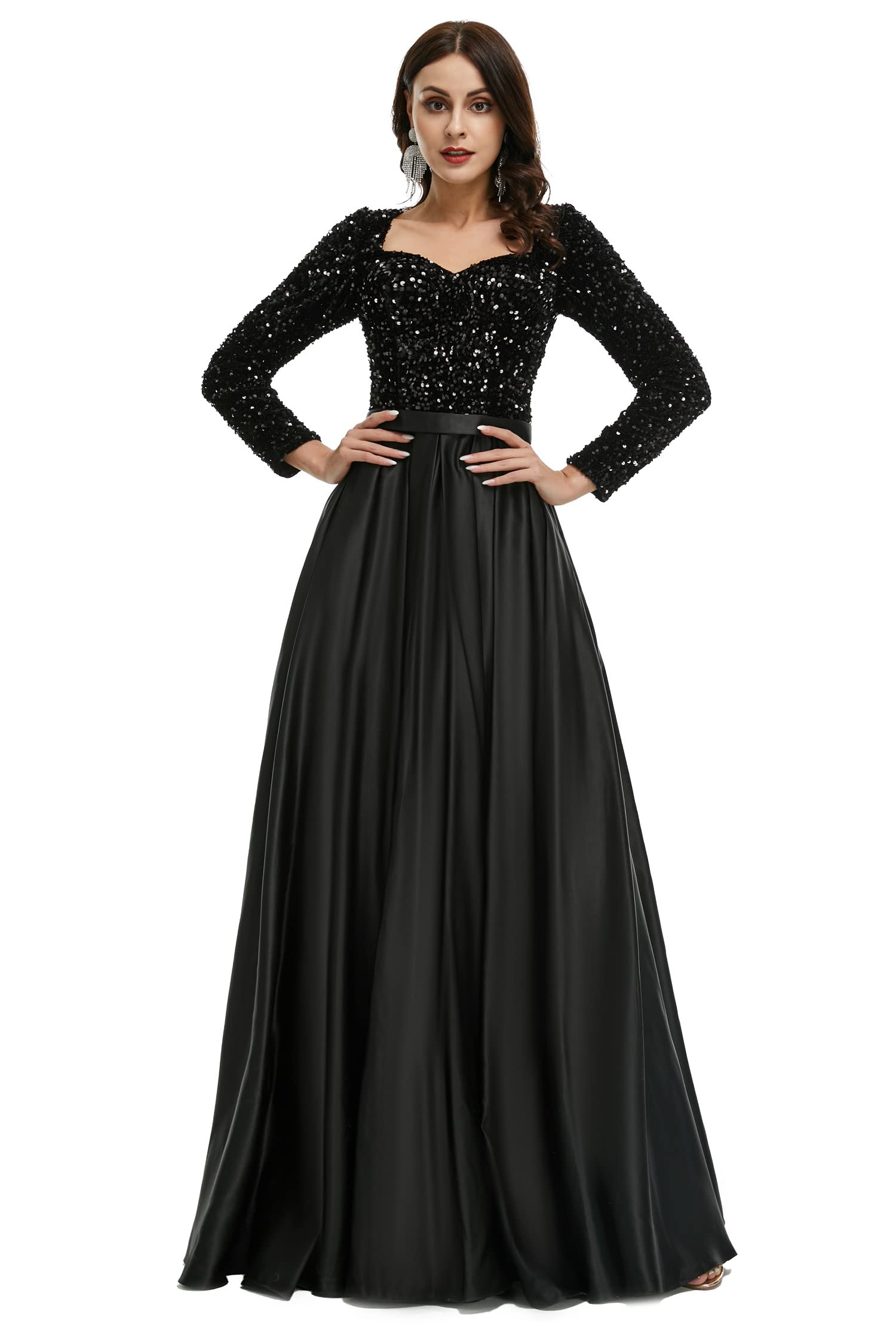 Elegant Long Sleeve A-Line Evening Dress with Sequins - Bride & Bridesmaid Gown for Prom, Wedding & Formal Events | Perfect for Special Occasions, Parties & Red Carpet