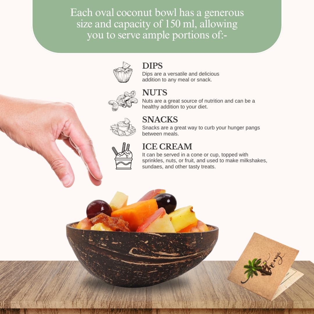 Organic Coconut Shell Bowls Set of 10 - 150ml Natural Oval Serving Dishes for Ice Cream, Snacks, Fruits, Salads | Eco-Friendly Partyware & Catering Supplies for Weddings, Picnics, Home Decor