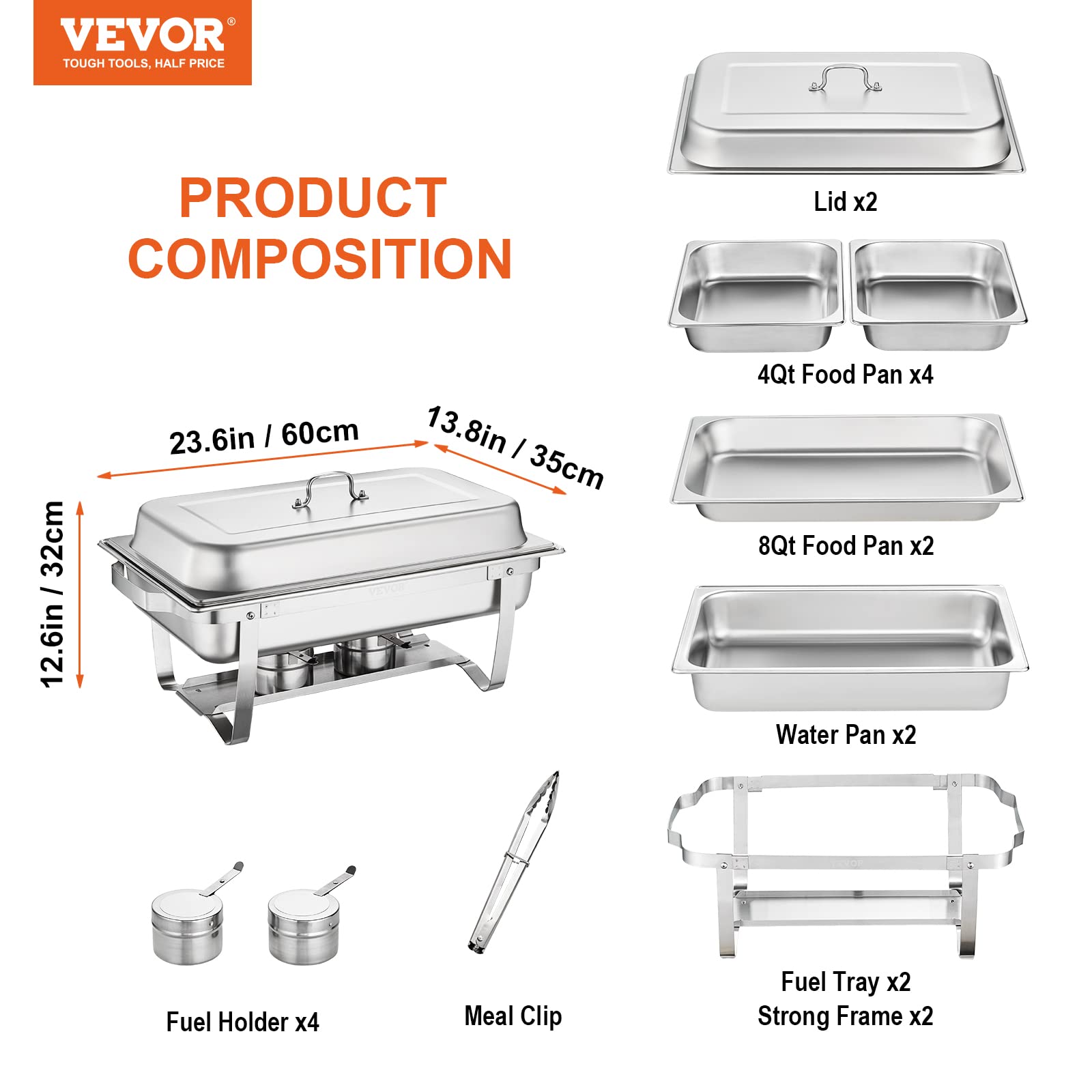 Stainless Steel 8 Qt Chafing Dish Buffet Set (2 Pack) - Includes 2 Full & 4 Half Size Pans, Rectangle Catering Warmer with Lid, Water Pan, Folding Stand, Fuel Tray & Holder Clip - Perfect for Buffets, Catering Events & Party Food Serving