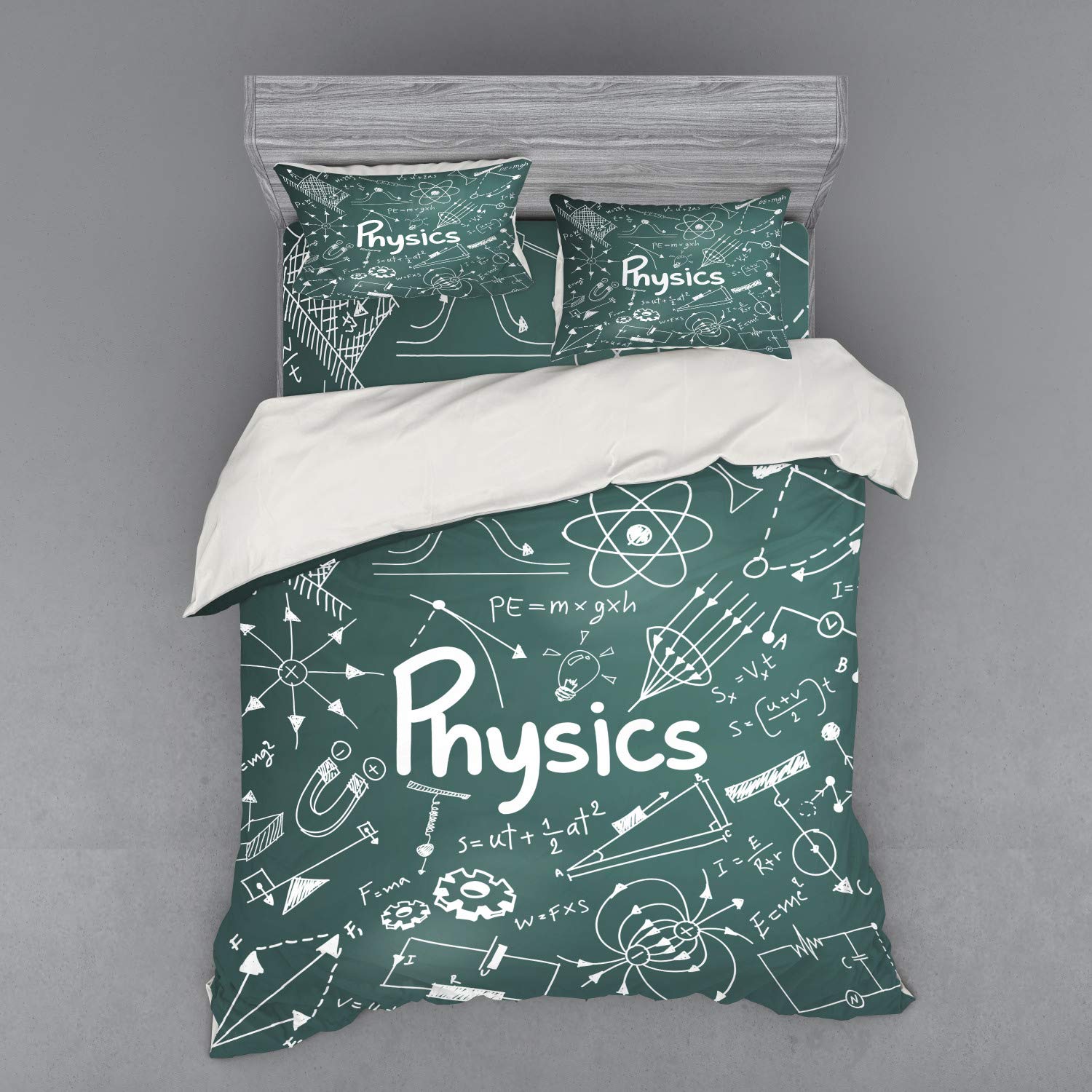 Ambesonne Physics Science Duvet Cover Set - Queen Size 3-Piece Bedding with Mathematical Formulas & Equations, Army Green & White - Perfect for Science Lovers' Bedrooms, Dorms & STEM-Themed Decor