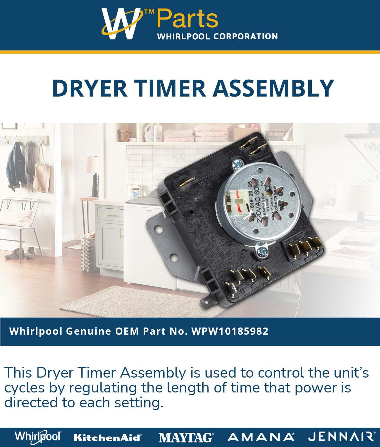 Whirlpool WPW10185982 OEM Dryer Timer Assembly Replacement Part - Compatible with Whirlpool Dryers - Perfect for DIY Appliance Repair & Home Laundry Room Maintenance