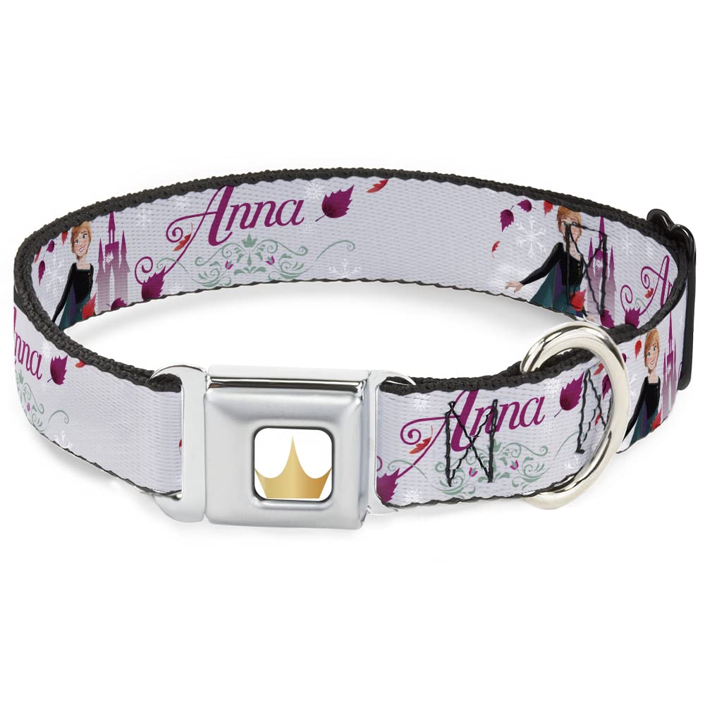 Frozen Anna Castle Dog Collar with Flowers & Script - 15 to 24 Inch Adjustable, 1.0 Inch Wide Pet Seatbelt Buckle (Grays & Pinks) - Perfect for Disney Costumes, Pet Safety & Themed Events