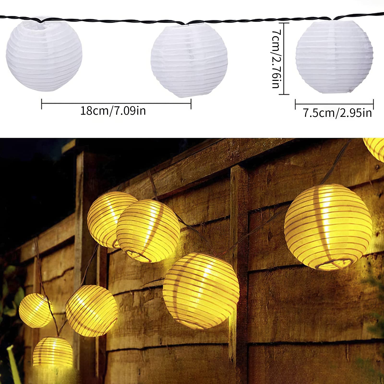 ALLOMN 19.7ft 30LED Solar Powered Waterproof Outdoor String Lights with Fabric Lanterns - Warm White Fairy Lights for Christmas Decorations, Garden, Patio, Yard, Wedding & Home Decoration (Indoor/Outdoor Use)