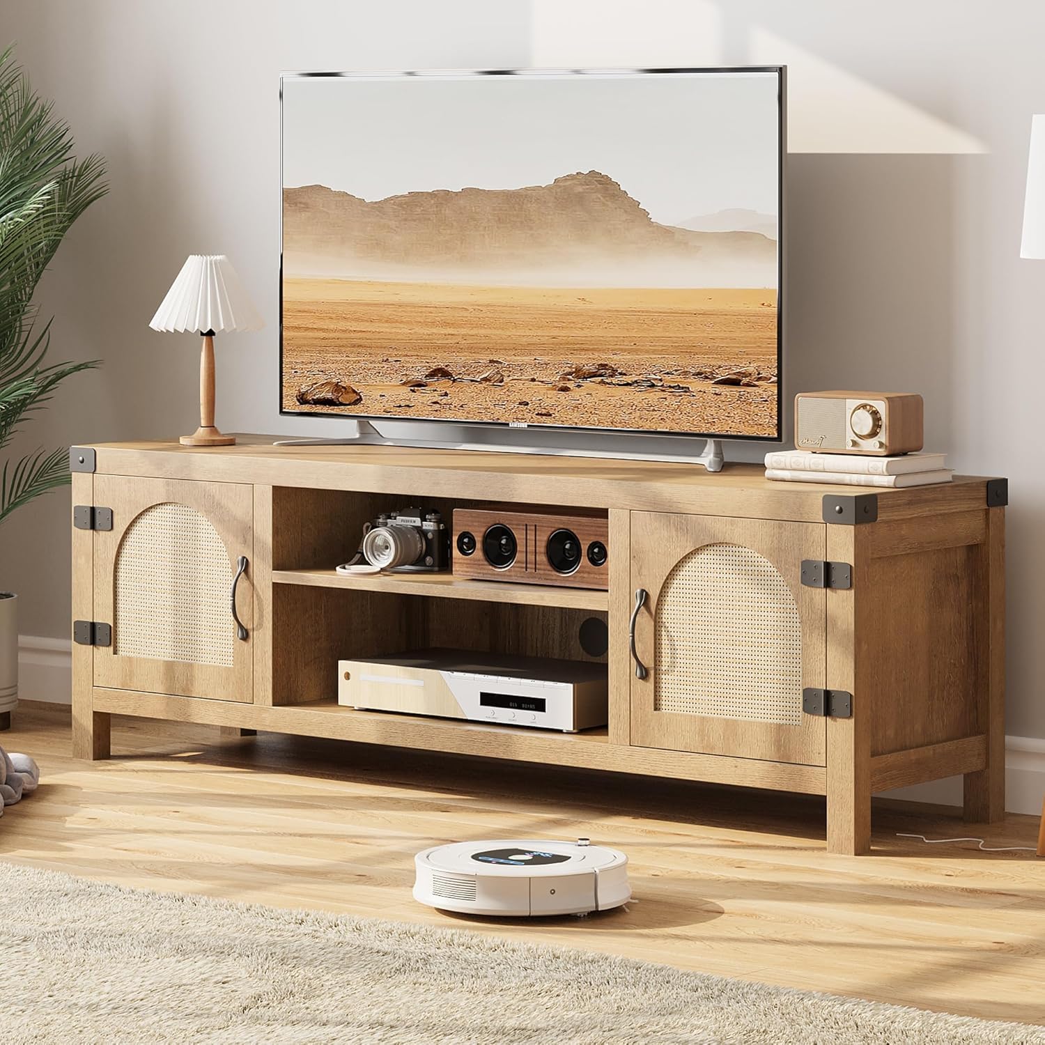 GAOMON Rattan TV Stand for Living Room - Boho Style Entertainment Center with Rattan Doors & Adjustable Shelves, 2-Tier Open Storage Media Console - Perfect for Home Theater, Gaming Setup & Living Room Organization (Natural Finish)