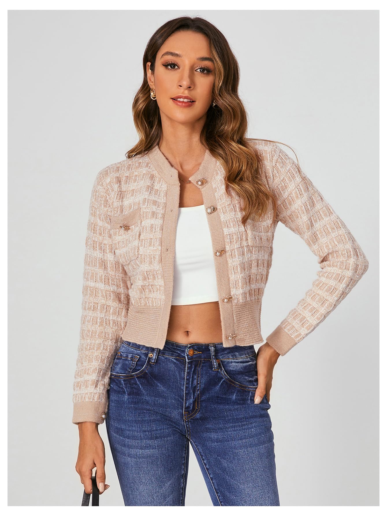 Stylish Women's Cropped Cardigan with Pearl Buttons | Open Front Knit Sweater | Lightweight Outerwear for Spring & Fall | Perfect for Office, Date Night & Casual Outings