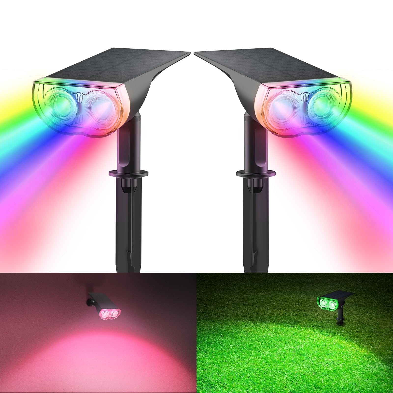 Consciot Solar Color Changing Outdoor Spotlights - 7 Lighting Modes, Waterproof IP67, Multicolor Landscape Lights for Pathway, Patio, Fence - Auto On/Off - Perfect for Christmas Decorations, Garden & Backyard Lighting (2 Pack)