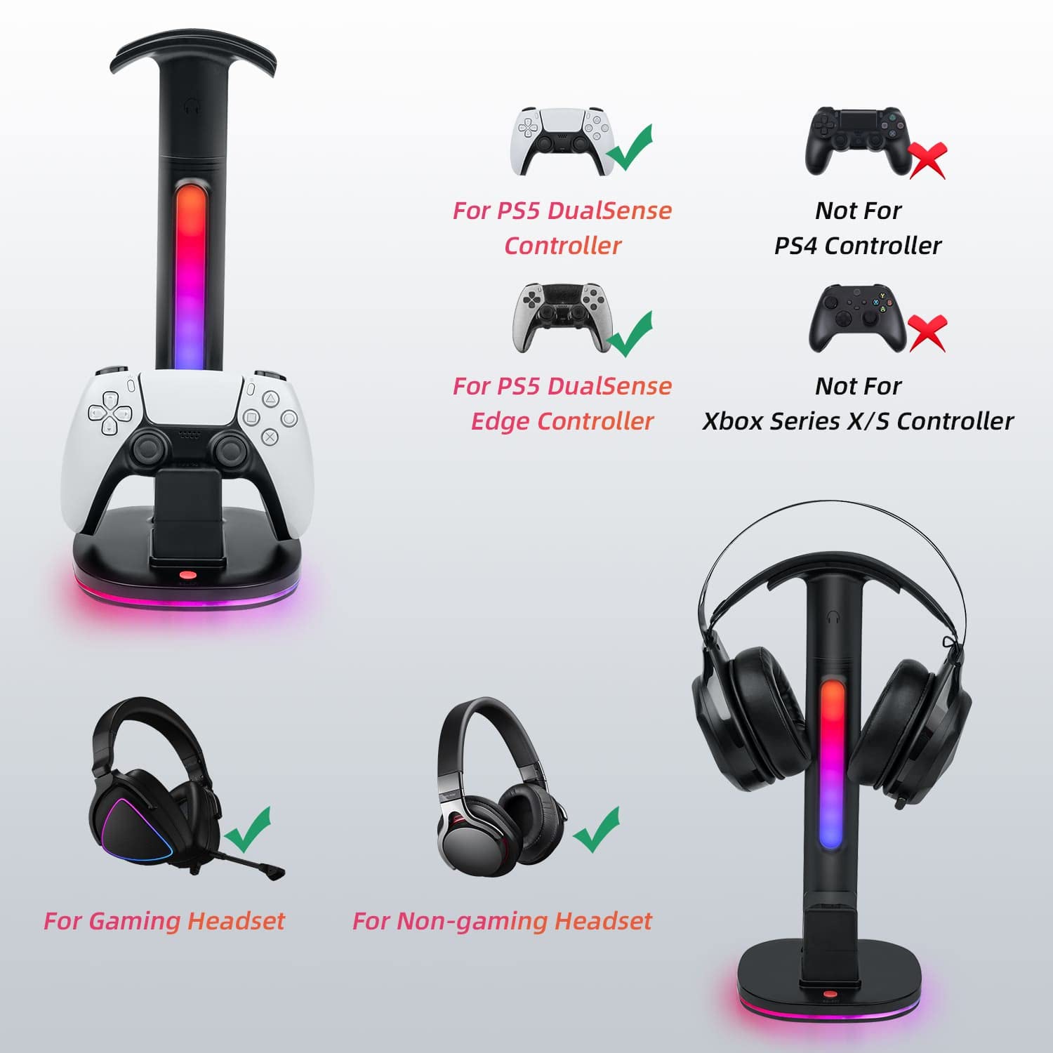 PS5 Headset Stand with RGB Charging Dock for DualSense & Edge Controllers - 2 USB Ports, Black | Gaming Accessory for Organized Playstation 5 Setup