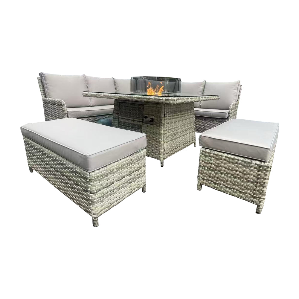 Almeria L-Shaped Rattan Patio Furniture Set with Square Fire Pit Table - Outdoor Garden, Backyard, Poolside Lounge Set for Relaxing & Entertaining