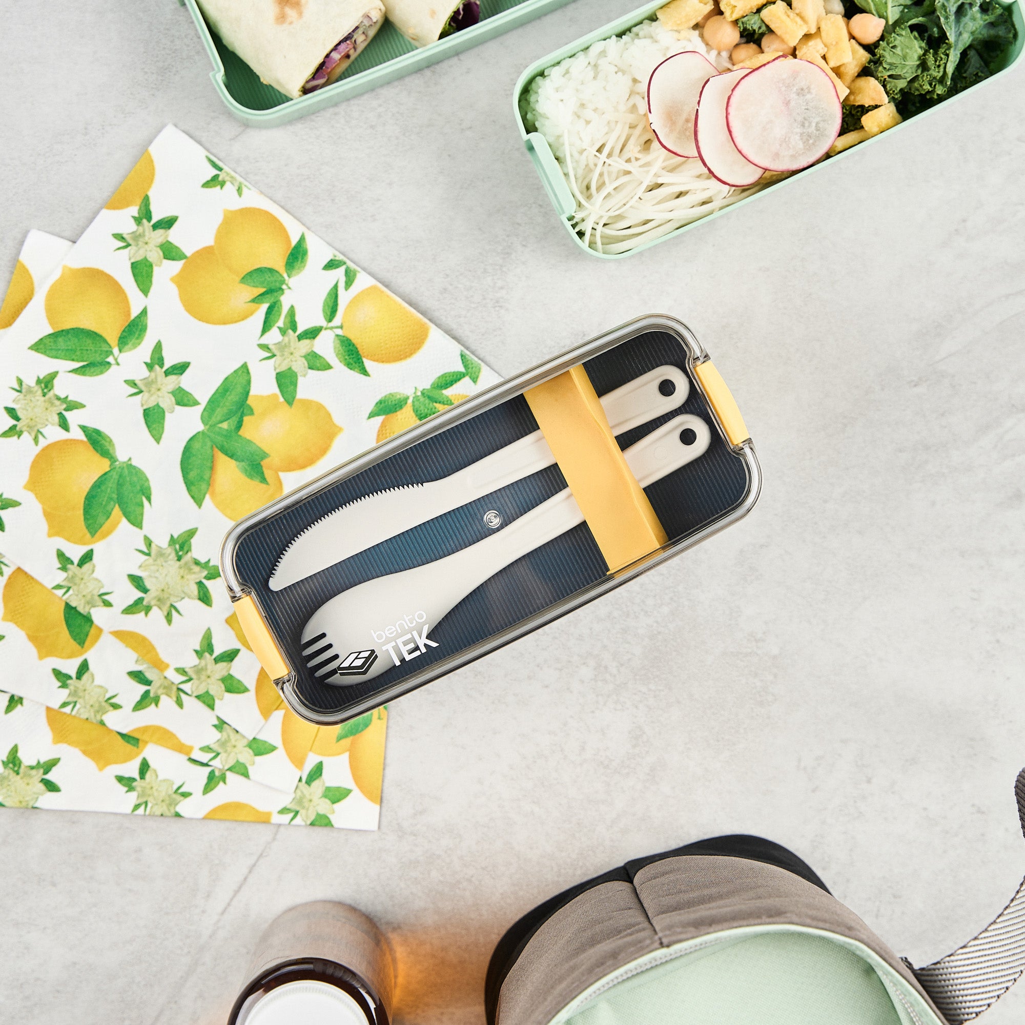 Bento Tek 30 oz Blue & Yellow 3-in-1 BPA Free Lunch Box Set with Fork & Knife - Microwave Safe, 7.5