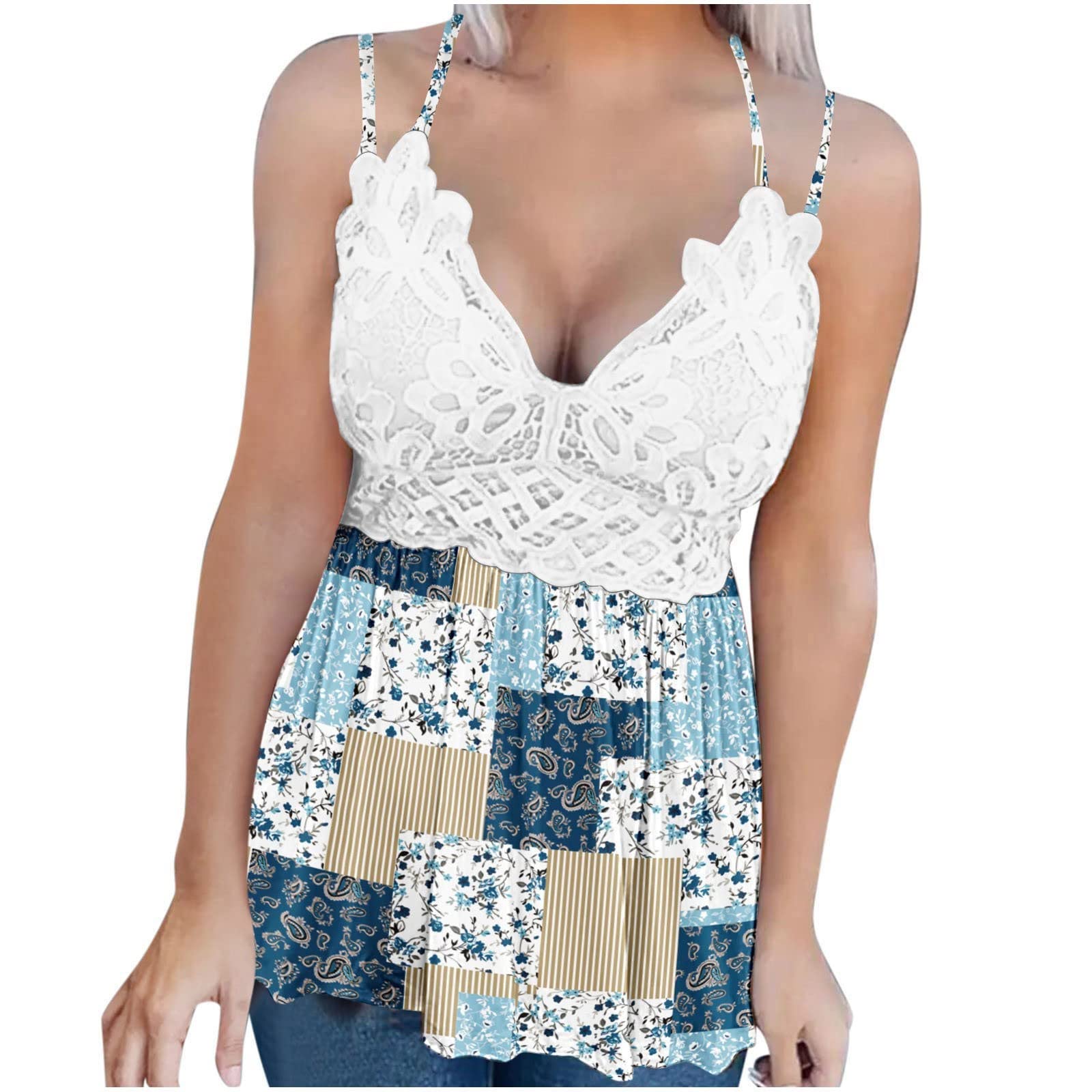 Trendy Women's Fashion Lace Patchwork Printed Vest - Sleeveless Blouse with Suspenders | Casual Camisole Tee for Summer Outfits, Layering & Office Wear