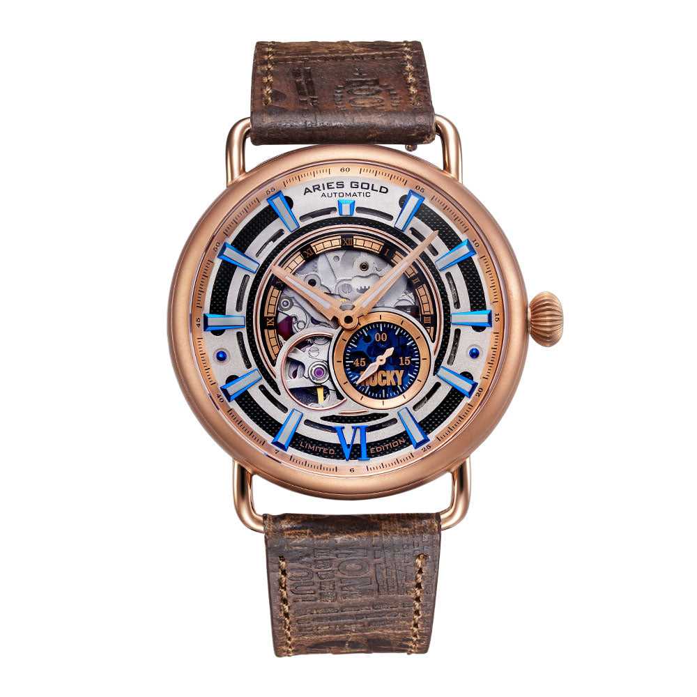 **Aries Gold Automatic Rocky Limited Edition Invincible Rose Gold Stainless Steel Watch G 9013 RG with Leather Strap for Men – Perfect for Formal Events & Luxury Gifts**