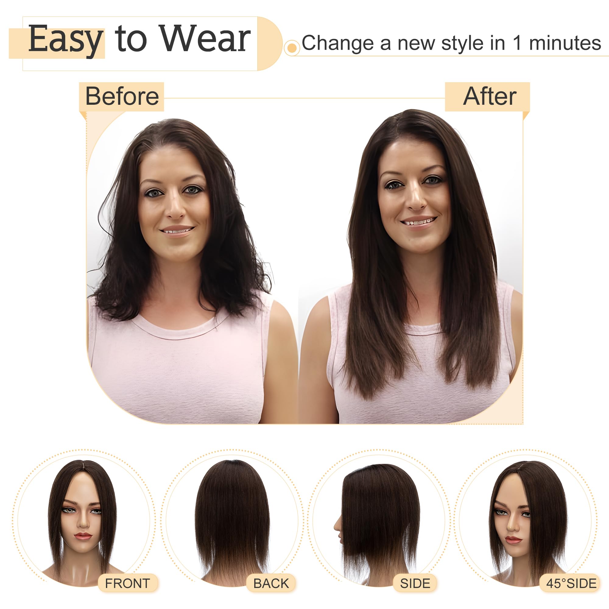 SEGO 100% Real Human Hair Toppers for Women - 7x13cm Silk Base Clip-in Top Wiglet for Thinning Hair (14 Inch, Dark Brown, No Bangs) | Perfect for Daily Wear, Special Occasions & Hair Volume Enhancement