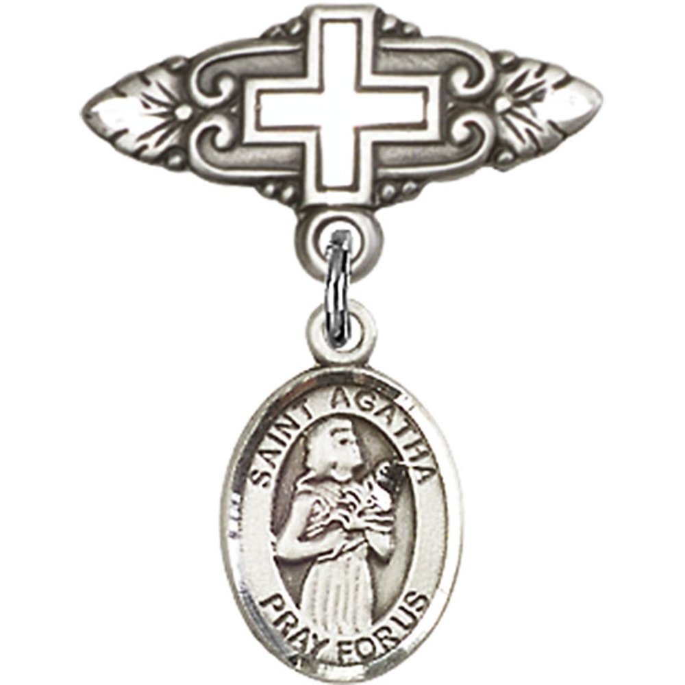 St. Agatha Sterling Silver Baby Badge with Cross Charm - 1 X 3/4 Inch Religious Pin for Baptism, Christening & First Communion Gifts