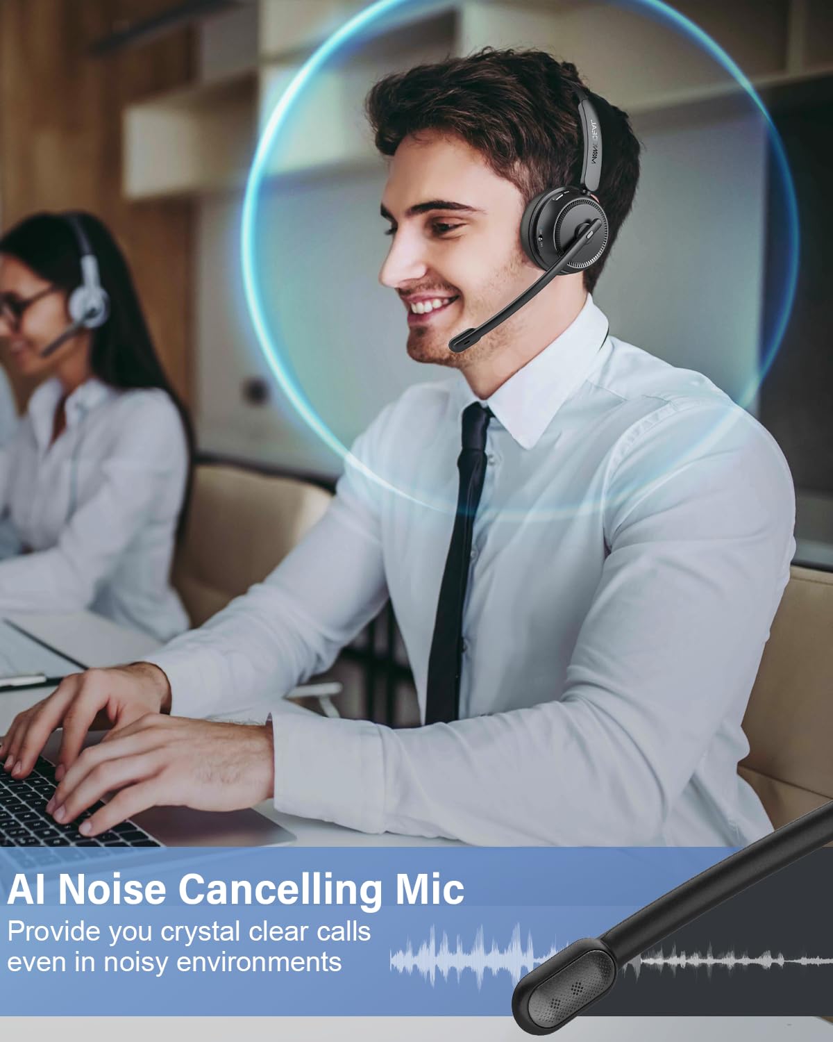 MONODEAL Wireless Bluetooth Headset with Microphone - AI Noise Cancelling, Mute Button, 65H Playtime & Charging Base - Comfortable BT Headphones for Office, Home, Call Center & Remote Work
