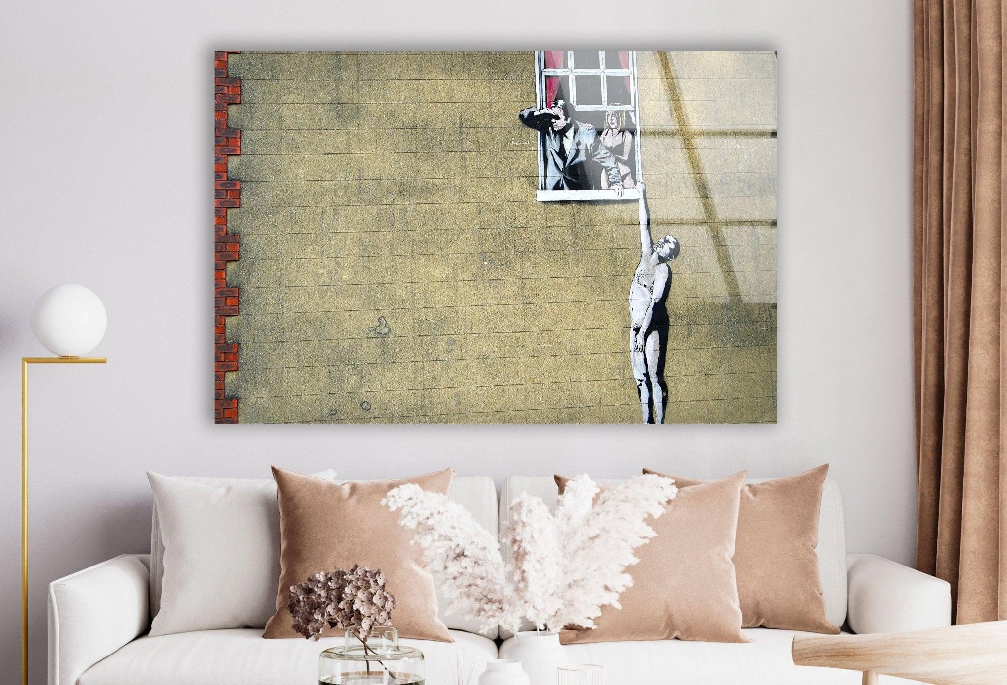 Banksy Well Hung Lover Glass Wall Art - Modern Street Art Home Decor for Living Room, Bedroom & Office - Unique Gift for Art Lovers