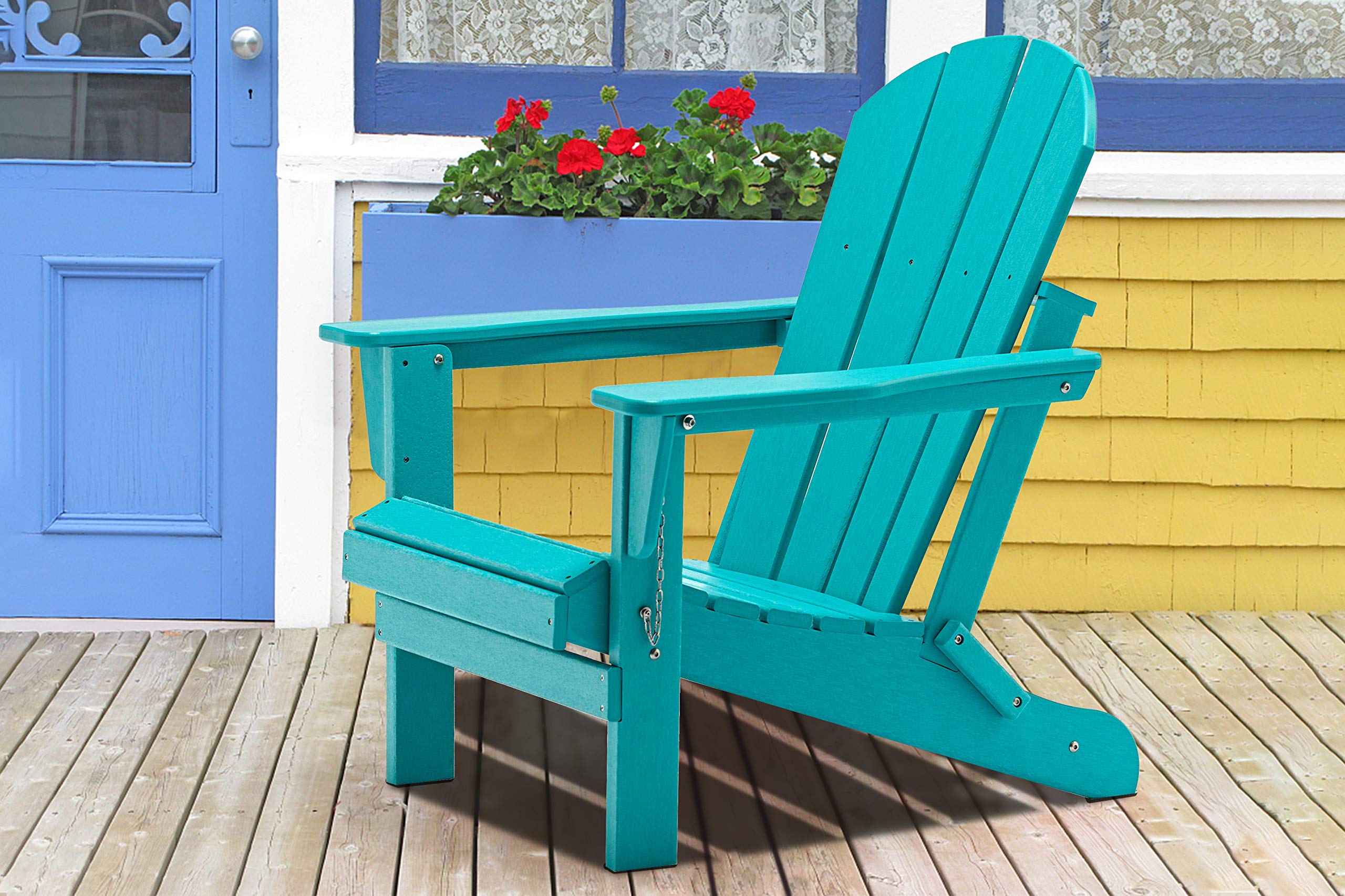 Modern Folding Wooden Adirondack Lounger Chair - Tiffany Blue Accent Outdoor Furniture for Garden, Patio, Poolside & Backyard Relaxation