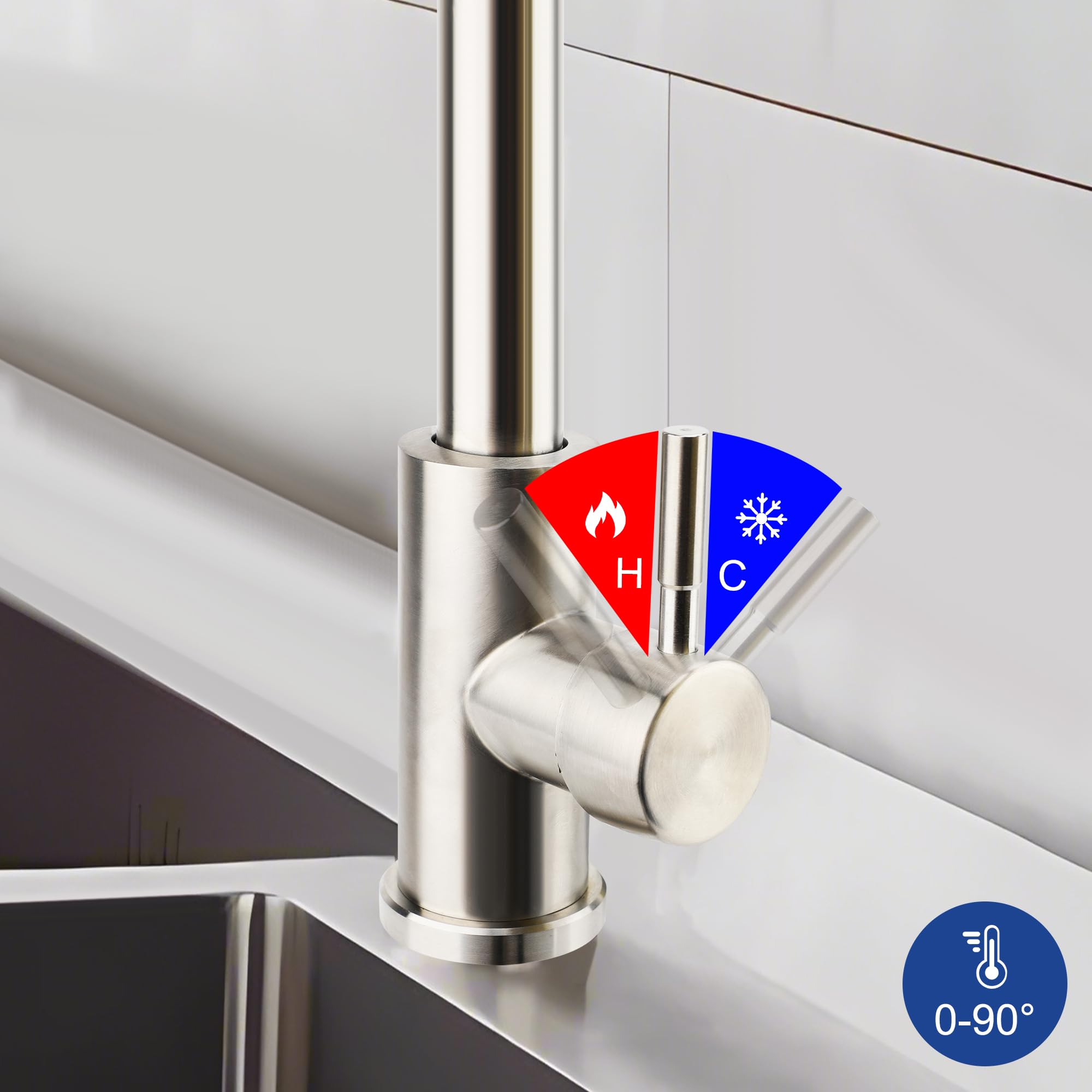 MEKOTRIN 360° Rotatable Stainless Steel 304 Kitchen Waterfall Tap with 3 Jet Types, Splash-proof Mixer Tap for Modern Sink Design, Ideal for Home and Commercial Kitchens