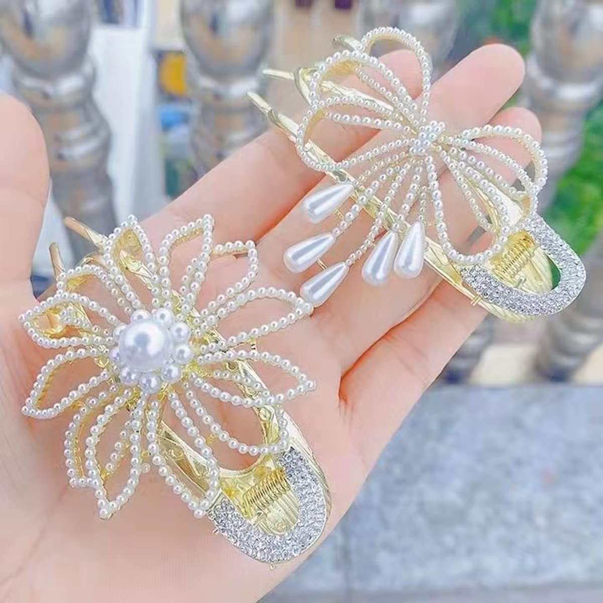 Yusier White Pearl Rhinestone Hair Clips for Women - Duckbill Flower Barrettes for Fine & Flat Hair - Elegant Pearl Hair Accessories for Weddings, Parties & Daily Styling