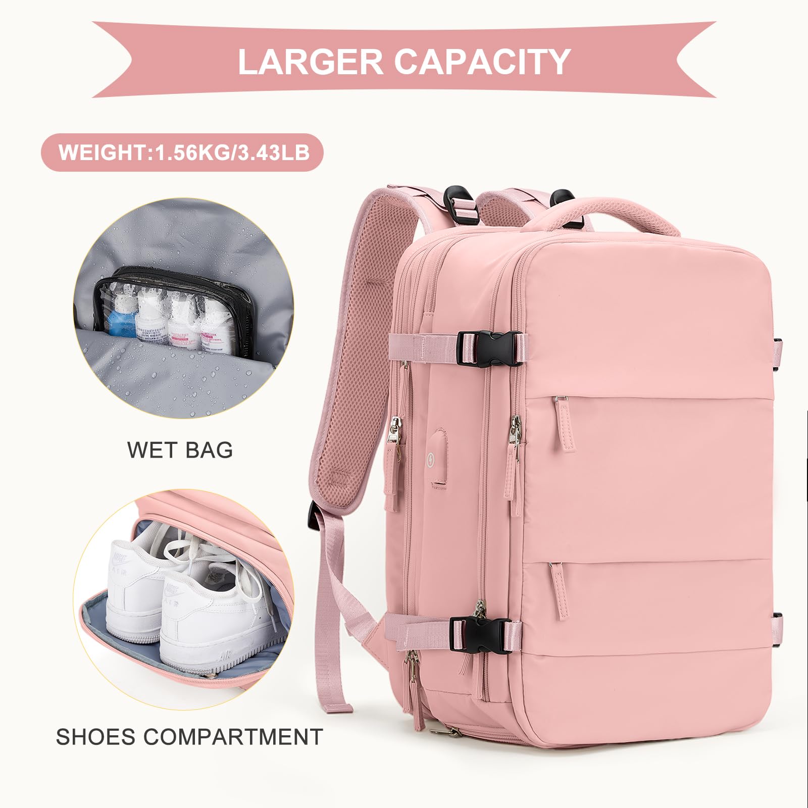 Coowoz 40L Expandable Waterproof Travel Backpack for Women & Men - Carry On Backpack, Hiking Backpack, Outdoor Sports Rucksack, Casual Daypack - Perfect for Air Travel, Camping, Hiking & Daily Commute (Pink)