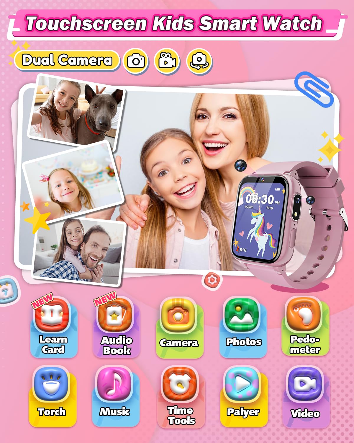 Smart Watch for Girls Age 6-10 - HD Touchscreen Kids Watch with Dual Camera, 35 Games & MP3 Player - Learning Card & Fun Toy for 5-9 Year Old Girls - Perfect Christmas & Birthday Gift for Outdoor Play & School Activities