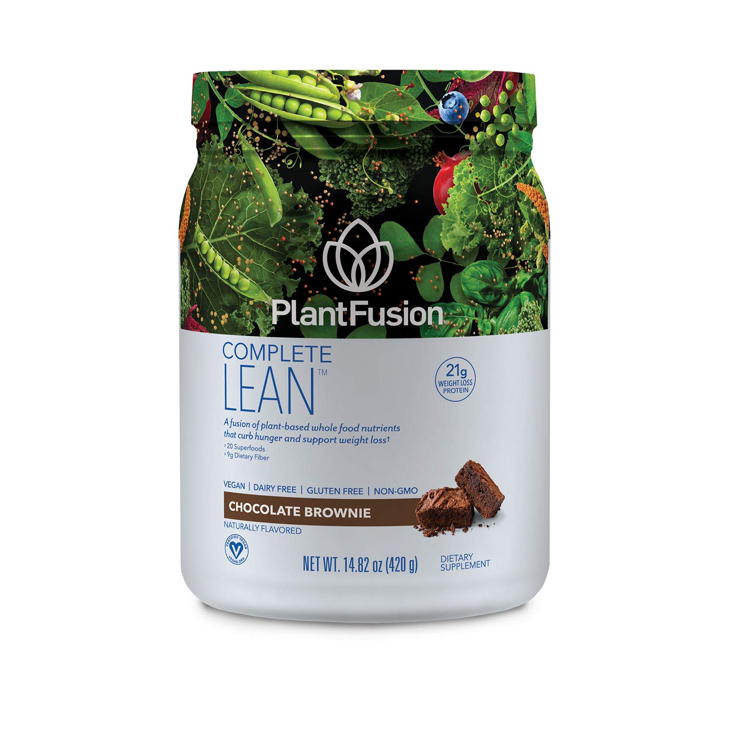 PlantFusion Complete Lean Plant Based Protein Powder - Vegan, Gluten Free, Soy Free, Non-GMO with Prebiotic Fiber & Digestive Enzymes - Chocolate Brownie Flavor 1 lb for Post-Workout Recovery & Healthy Meal Replacement