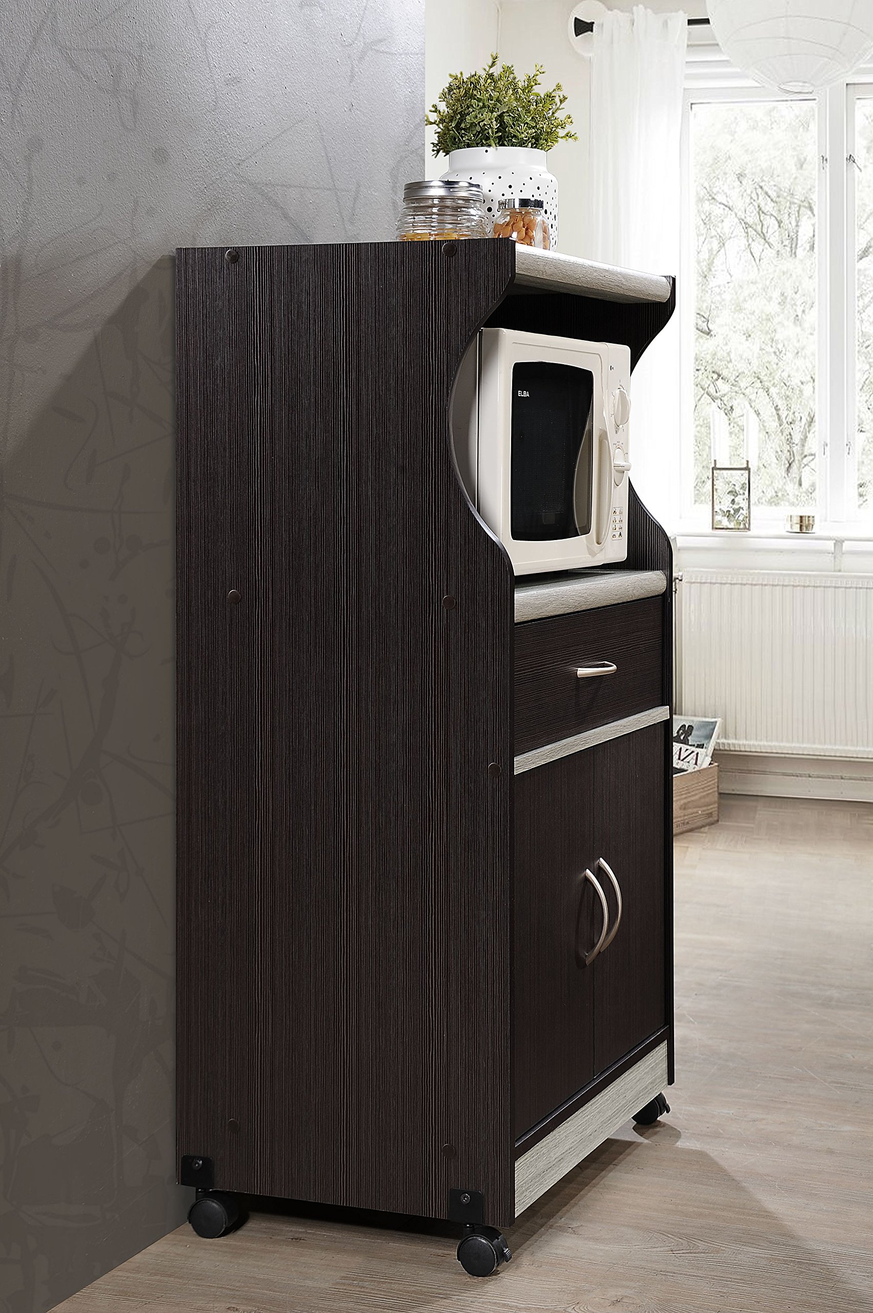 Hodedah Microwave Cart with Storage Drawer, 2 Doors & Shelf - Compact Kitchen Organizer for Small Spaces, Chocolate Grey - Perfect for Apartments, Dorms & RVs