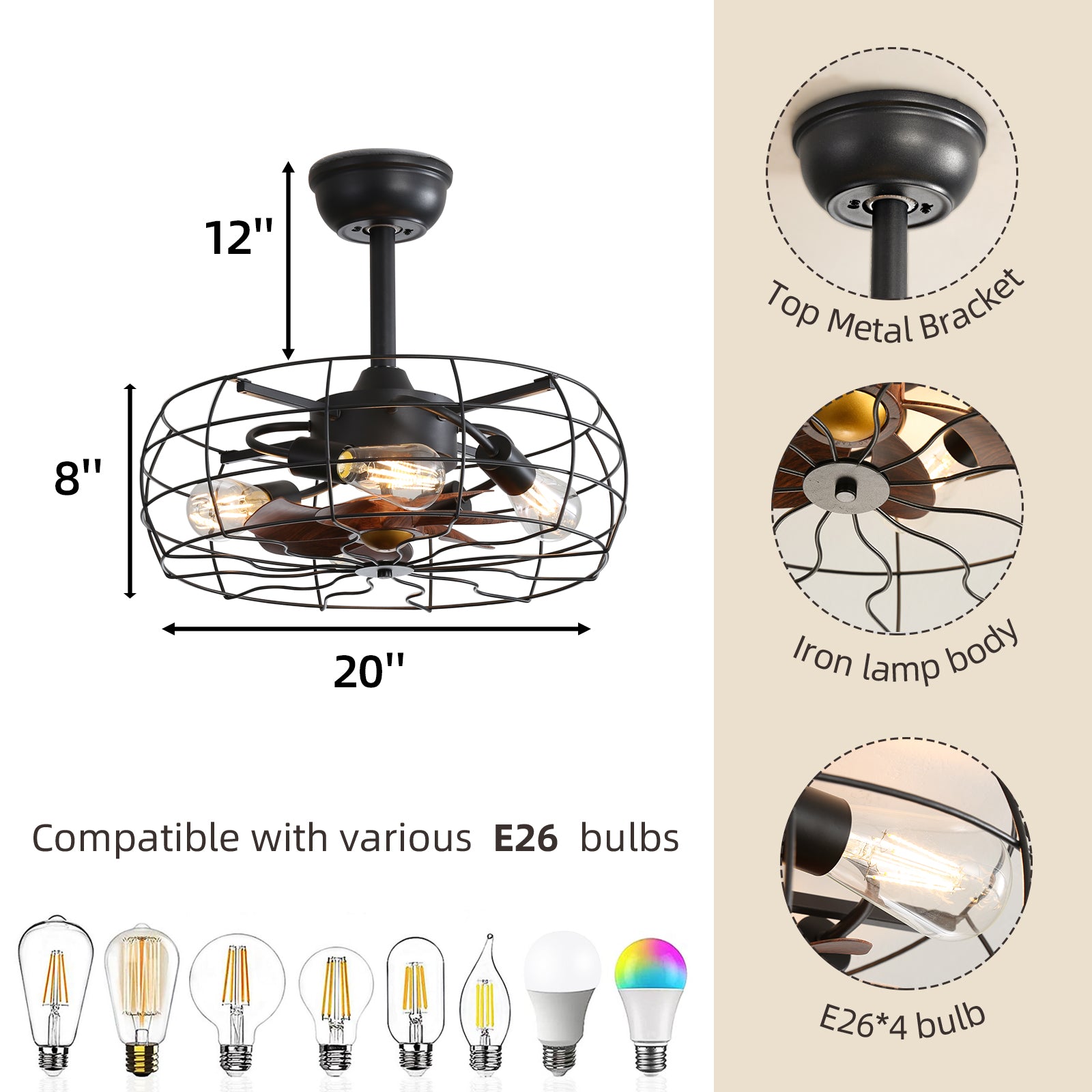19 Inch Vintage Cage Ceiling Fan with Lights - Industrial Retro Style for Living Room, Bedroom, or Patio (Bulbs Not Covered by Warranty)