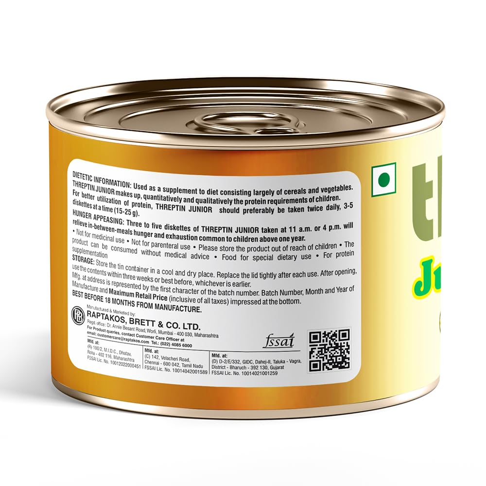 THREPTIN Junior-Protein Diskettes - Healthy Protein Snacks for Kids, 250g | Casein Protein with Calcium, Vitamins, Minerals, Shankhpushpi & Brahmi | No Maida, 100% Vegetarian | Perfect for School Lunch, After-School Snacks & Travel Nutrition