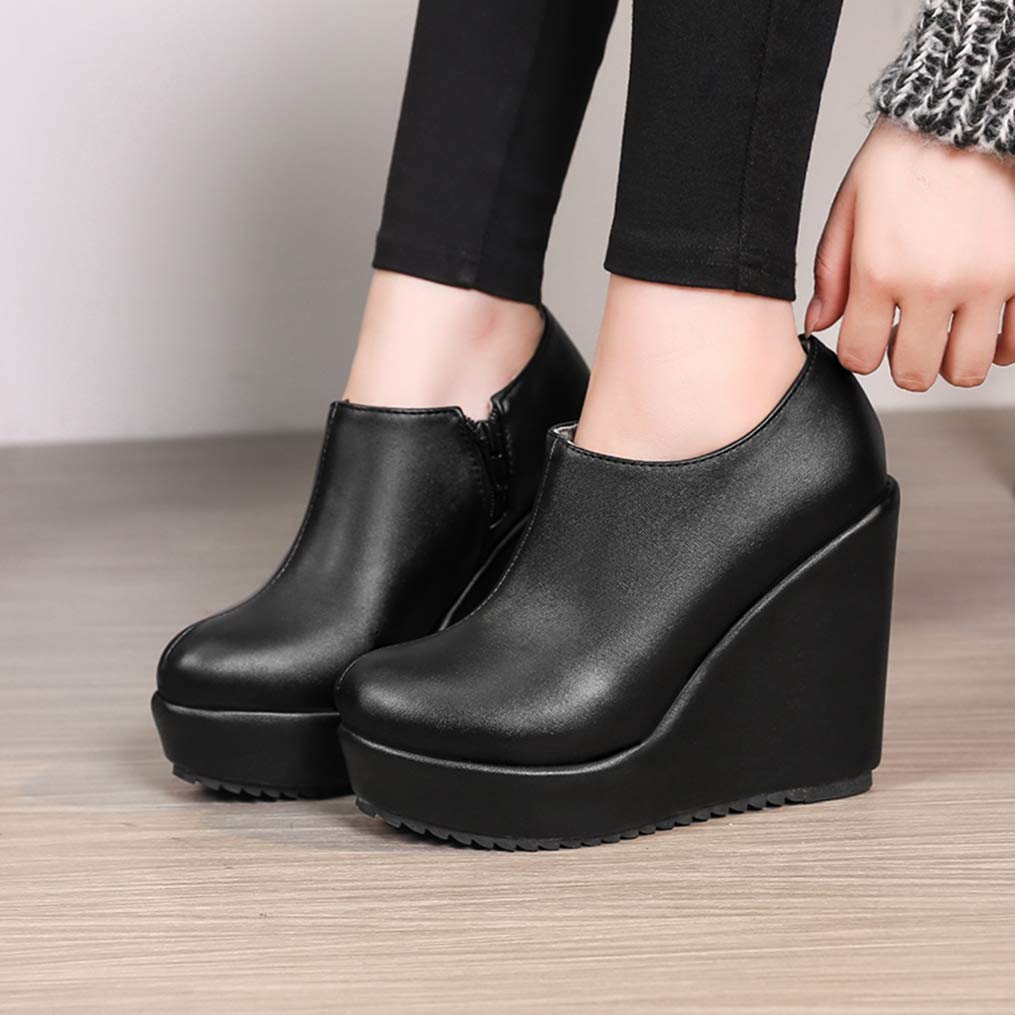 GIY Women's Round Toe High Heel Ankle Boots - PU Leather Wedge Platform Boots with Side Zipper for Winter, Casual & Dressy Outfits | Perfect for Office, Party & Date Night