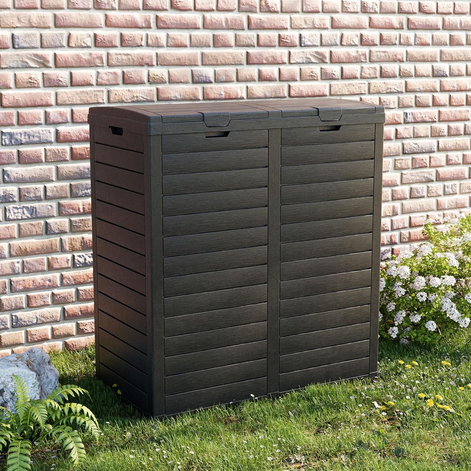 Heavy-Duty Outdoor Trash Can with Lid - Waterproof Resin Garbage Bin with Pull-Out Liquid Drawer & Dual Lid Closure - Ideal for Patio, Backyard, Deck, Garden, and Poolside (Black) - Perfect for Outdoor Entertaining and Waste Management