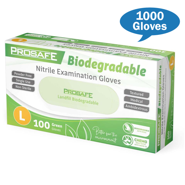 Premium Prosafe Green Nitrile Biodegradable Exam Gloves - Latex-Free, Powder-Free Disposable Gloves for Medical, Dental, Food Service & Cleaning - Eco-Friendly Protection for Healthcare Professionals & Home Use
