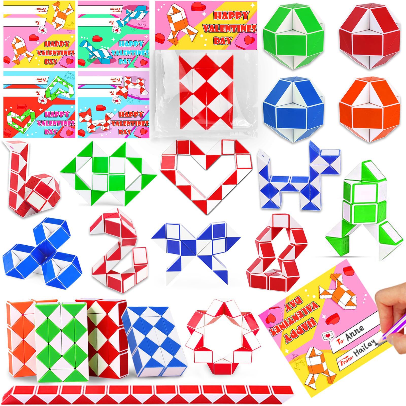 AMENON 28 Pack Valentine's Day Gifts for Kids - Snake Twist Puzzle Toys, Classroom Exchange Cards, Stress Relief Fidget Toys for Boys & Girls - Perfect for Valentine's Party Favors, School Prizes & Sensory Play