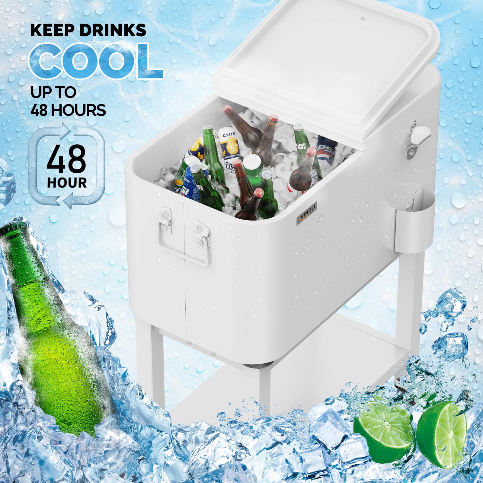 VINGLI Rolling Patio Cooler with Wheels - Portable Ice Chest for Outdoor Parties, Beach, Camping & BBQs - Includes Shelf, Beverage Pool & Bottle Opener - Perfect for Backyard Gatherings, Tailgating & Poolside Drinks