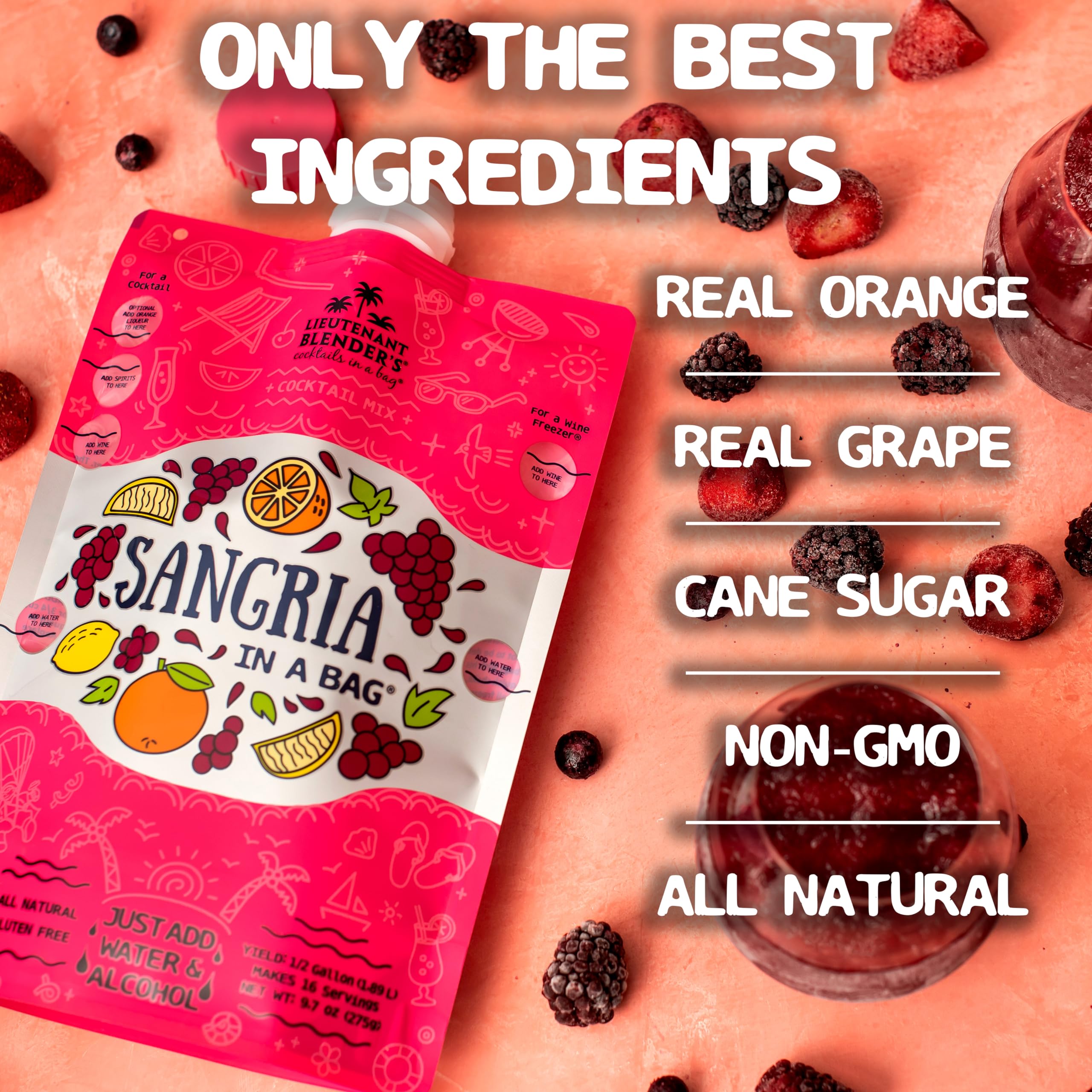 Lt. Blender's Sangria in a Bag – Premium Wine Slushie Mix – Makes 1/2 Gallon Frozen Red Sangria – Non-GMO, Gluten-Free Cocktail Mixer – Perfect for Parties, BBQs & Summer Gatherings – (Pack of 5)