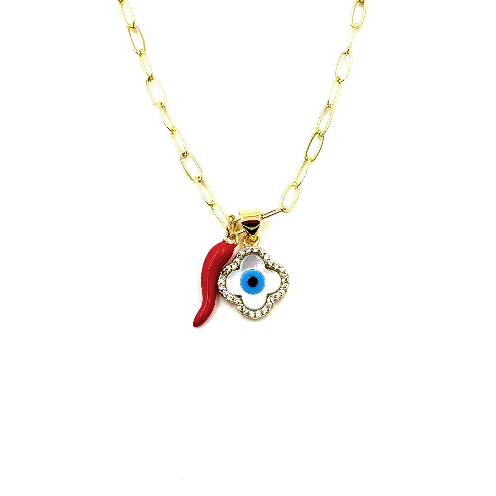 Ashley Gold Stainless Steel Gold Plated Red Enamel Horn Evil Eye Necklace with CZ Charm - Protection Jewelry for Women, Gift for Birthday & Valentine's Day