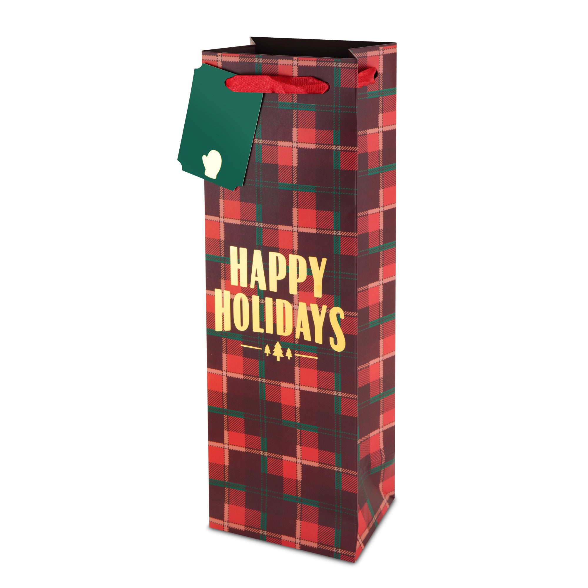 Plaid Happy Holidays 750ml Insulated Wine Bottle Bag by Cakewalk - Perfect for Christmas Gifts, Holiday Parties & Picnics