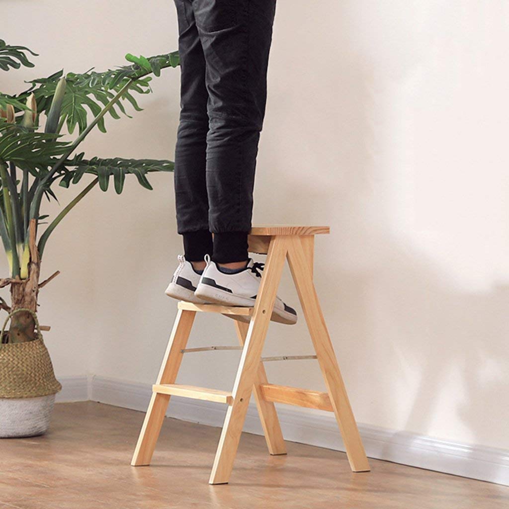 Solid Wood Folding Step Stool Ladder - Non-Slip Kitchen Step Stool with Safety Lock, Portable Foldable Stool for Home, Office, Bathroom - Perfect for Reaching High Shelves, Changing Light Bulbs & Home Organization