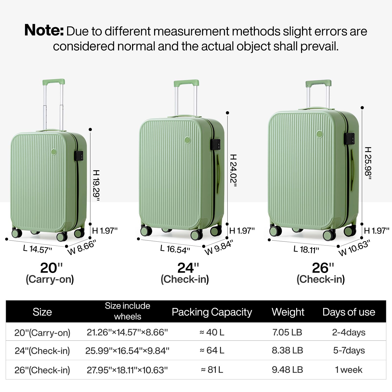 Mixi 20 Inch Hardside PC Suitcase with Spinner Wheels & TSA Lock - Lightweight Carry On Luggage for Travel (Avocado Green) - Perfect for Business Trips, Weekend Getaways & Airplane Overhead Bin Storage