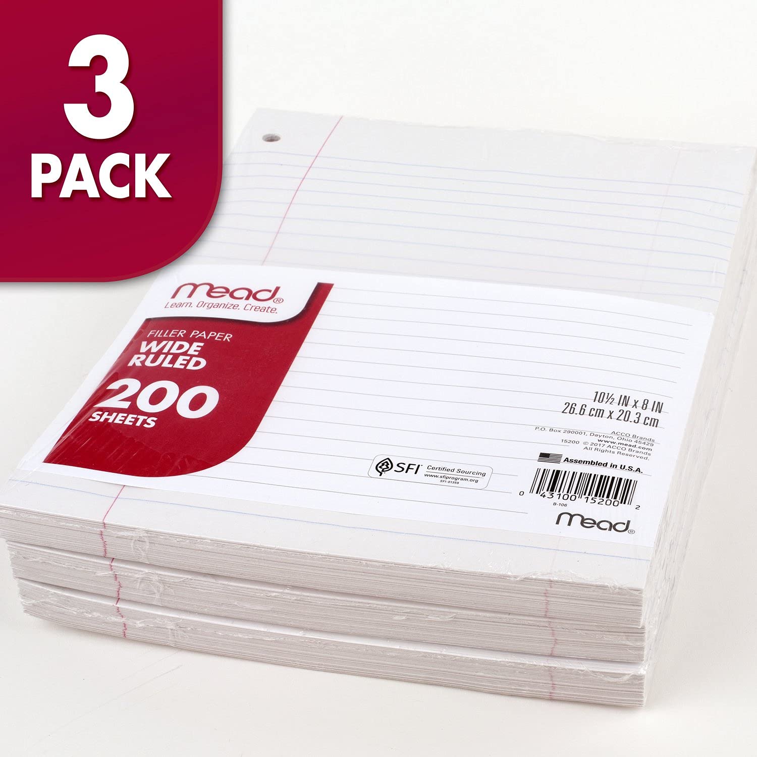 Mead Wide Ruled Loose Leaf Paper - 3 Pack (200 Sheets Each) - 8 x 10.5 Inch Filler Paper for Notebooks & Binders - Perfect for School, Office & Homework Organization