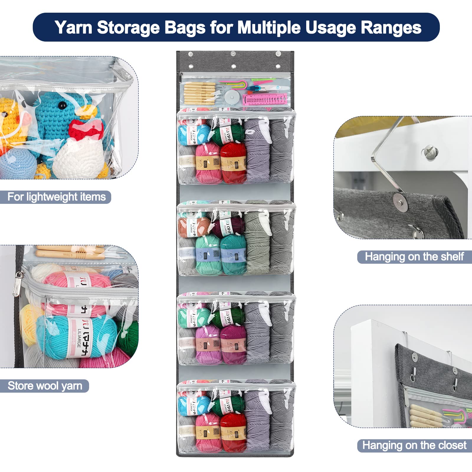 Katech Large Hanging Yarn Storage Organizer with 5 Zipper Pockets - Perfect for Knitting, Crochet & Craft Supplies - Ideal for Yarn Balls, Crochet Hooks & Needles - Space-Saving Wall or Closet Storage Solution for Craft Rooms & Small Spaces