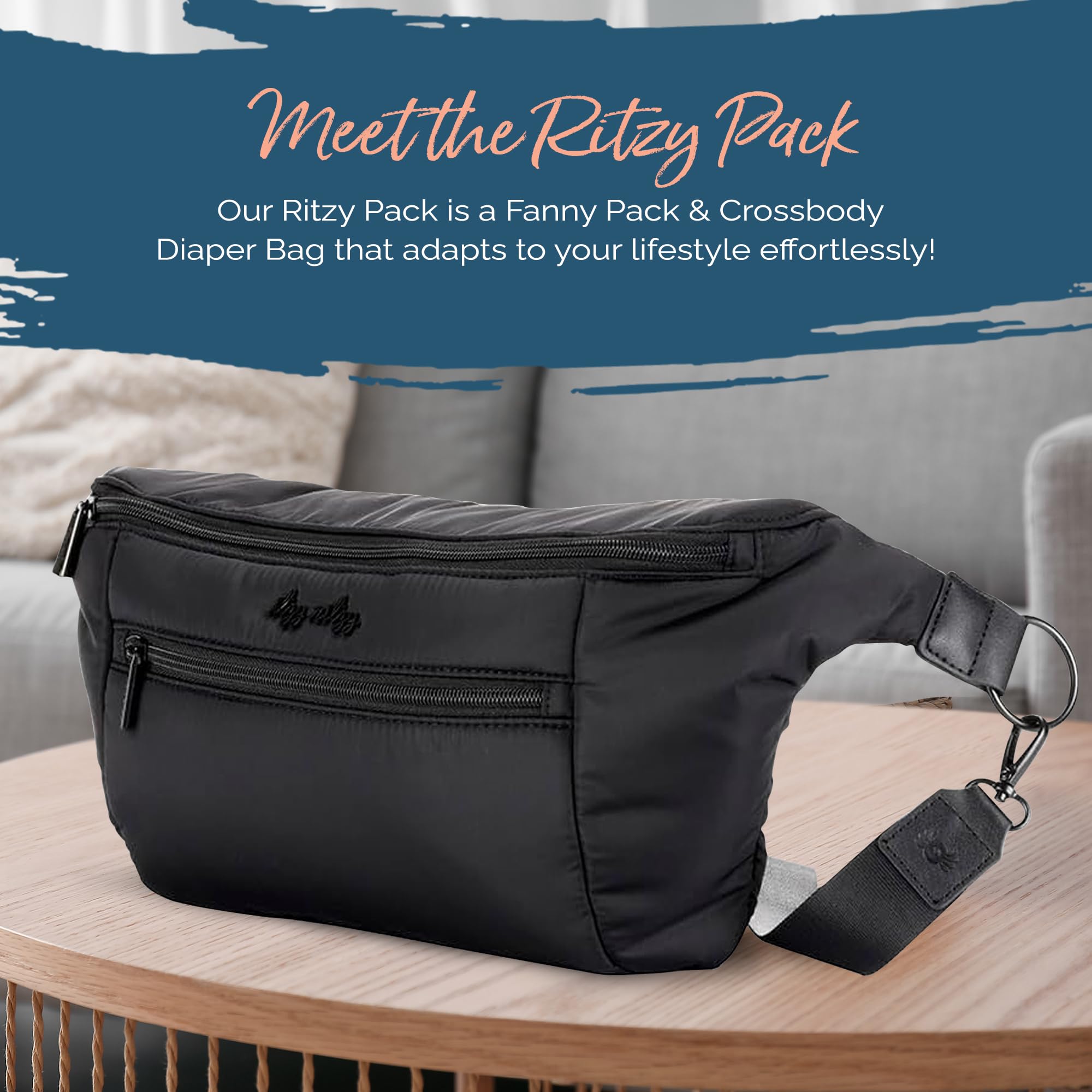 Itzy Ritzy Multi-Use Lightweight Fanny Pack & Crossbody Diaper Bag with 6 Pockets & Adjustable Strap - Perfect for Moms, Travel, Hiking, and Everyday Use (Black)