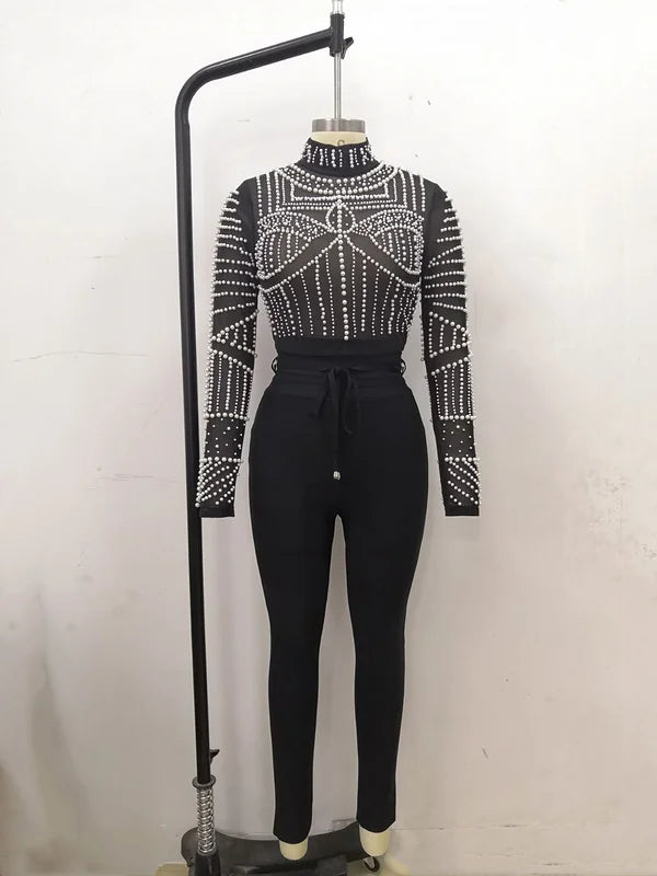 Black Pearl Beaded Two-Piece Rayon Bandage Set | Club Party Fashion Outfit | Sexy Night Out & Special Occasion Outfit